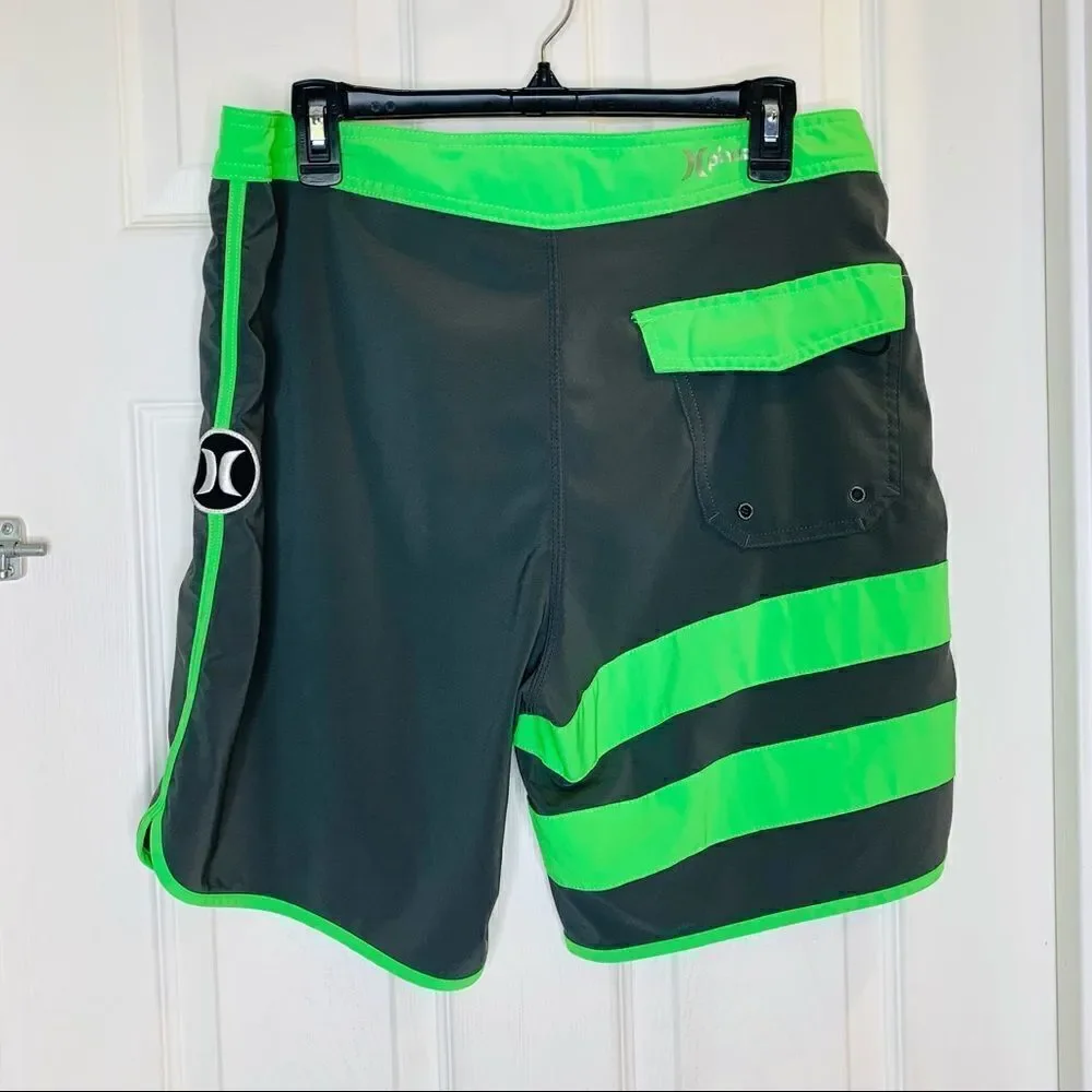 Hurley Phantom Gray Green Striped Unlined Drawstring Board Shorts Size Large